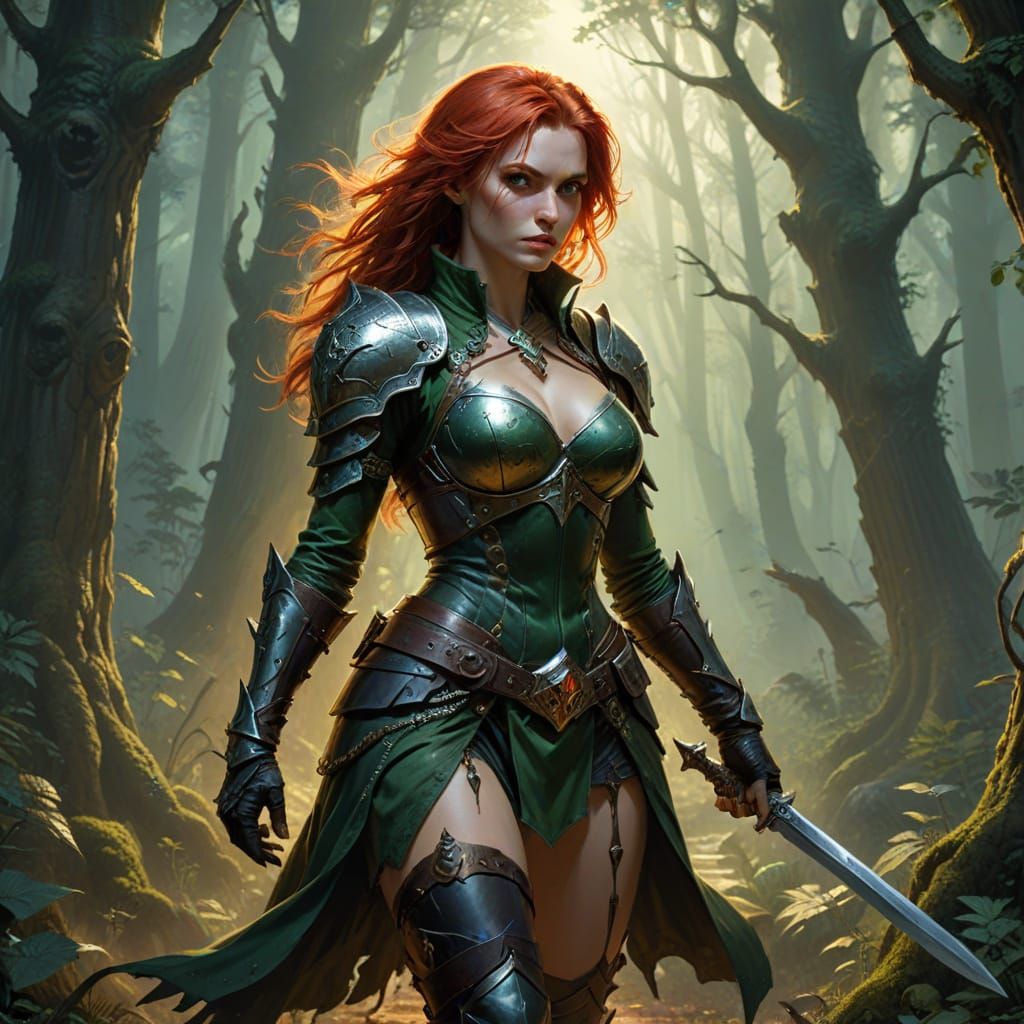 Red-Haired Rogue Navigates Treacherous Forest Path