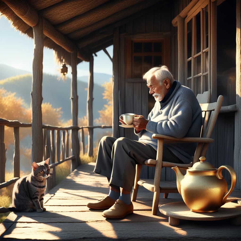Serene Morning: Elderly Man and Cat in Golden Light
