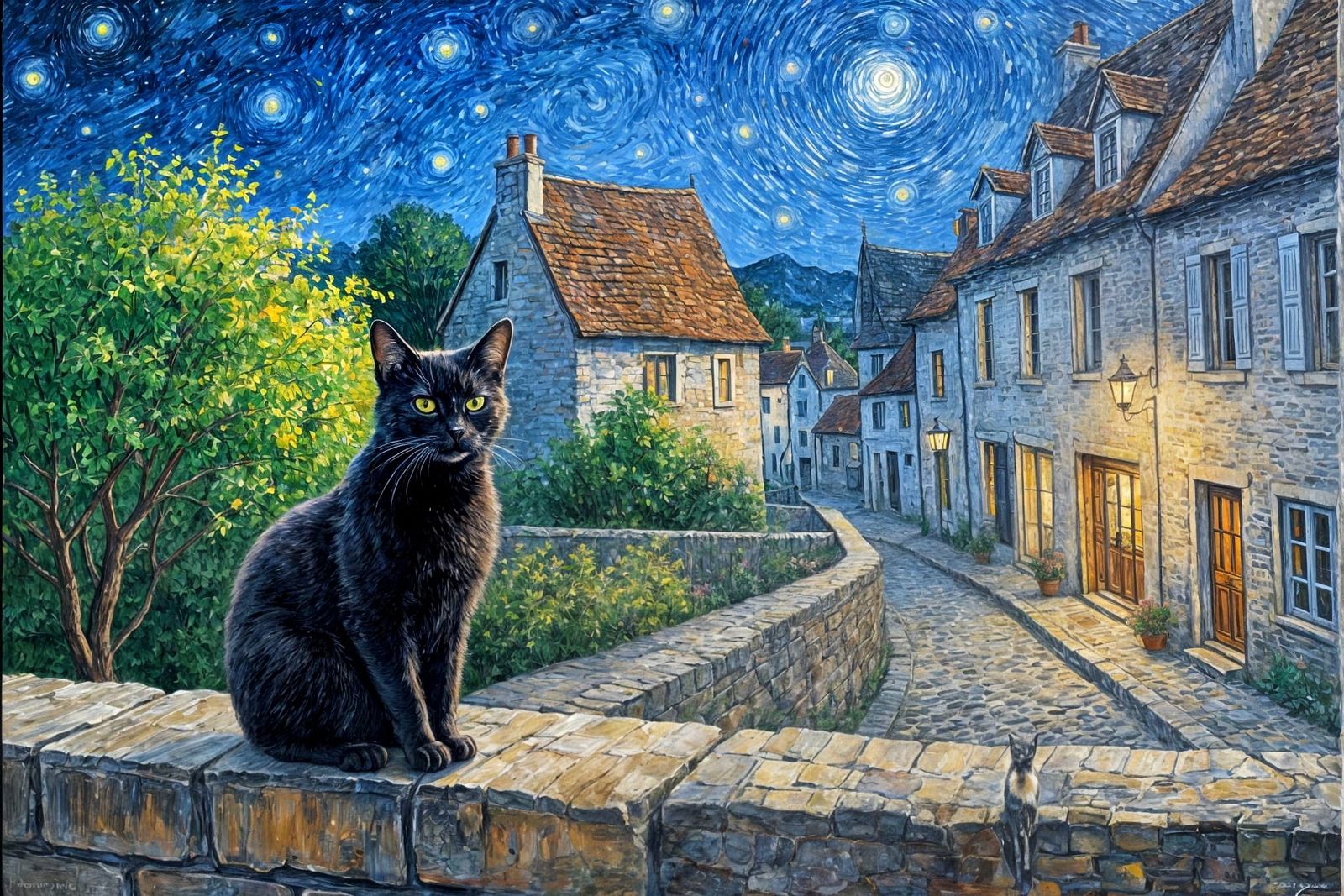 Black Cat Over French Village in Post-Impressionist Style