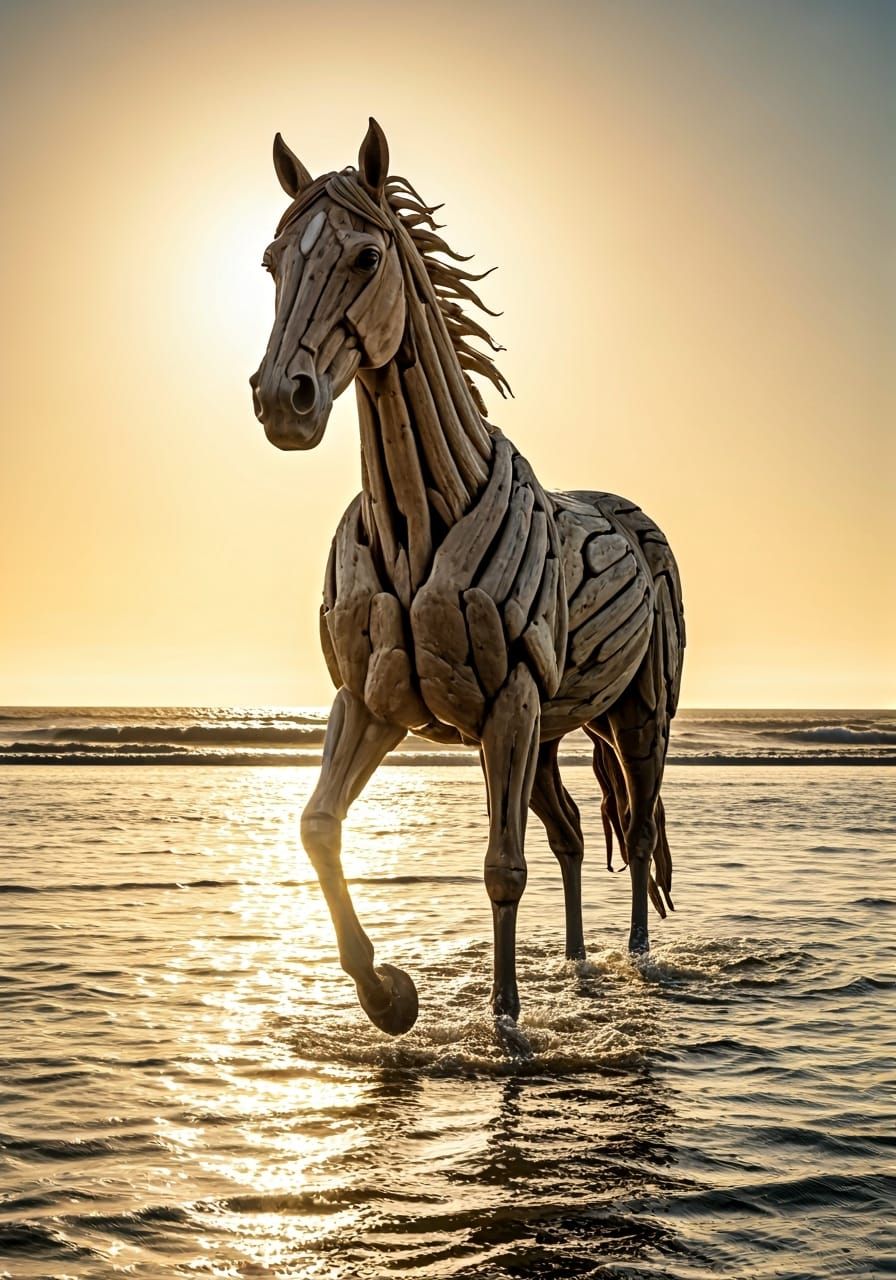 Driftwood Horse Walks from Ocean in Photorealistic Style