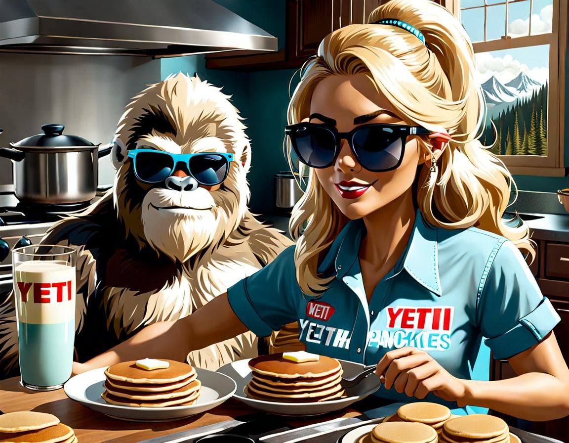 Friendly Bigfoot Making Pancakes in Kitchen