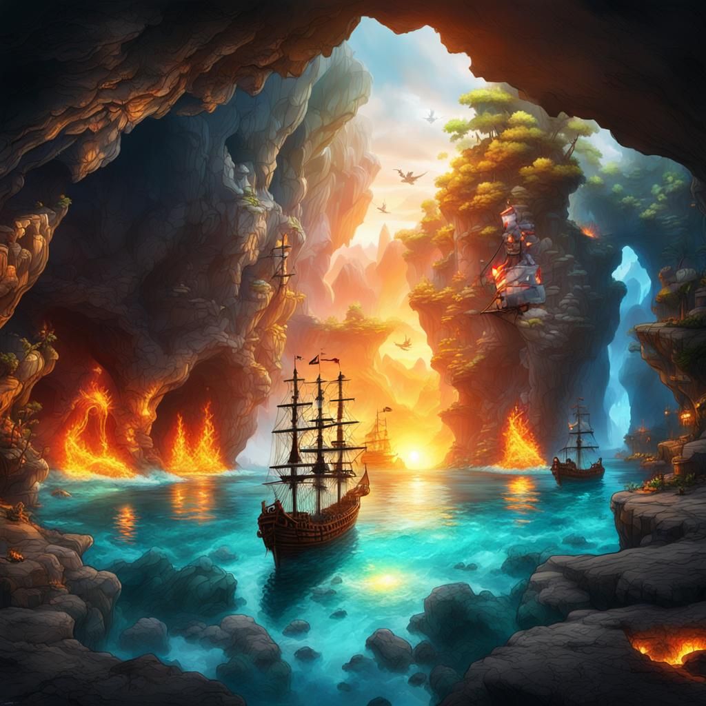 Pirate Ships Chase in Crystal Cave: 4K Art