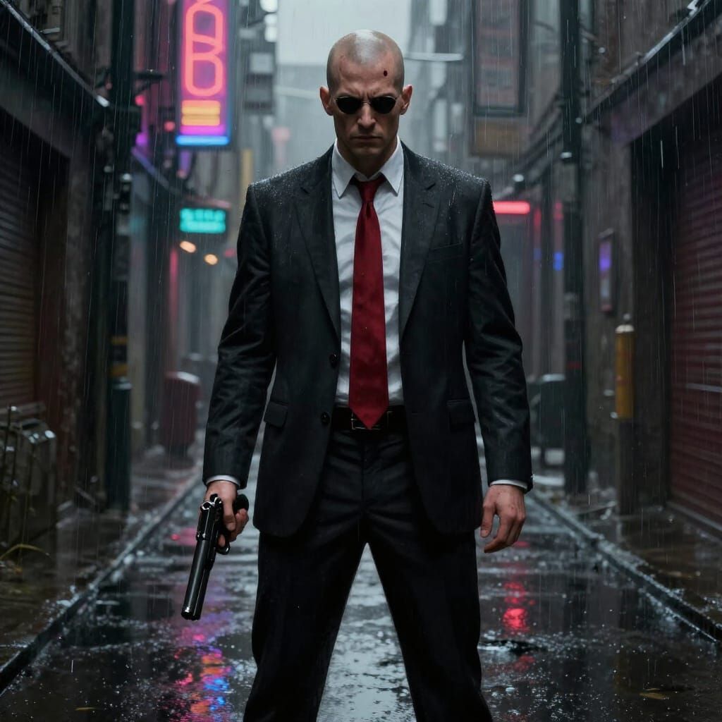 Agent 47 in Rainy Alleyway Digital Painting