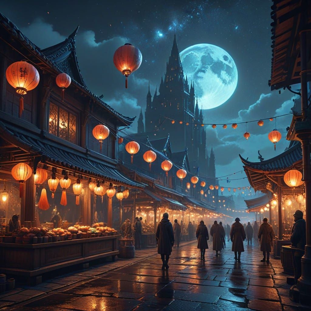 Majestic Night Market Scene in Vibrant Fantasy Style