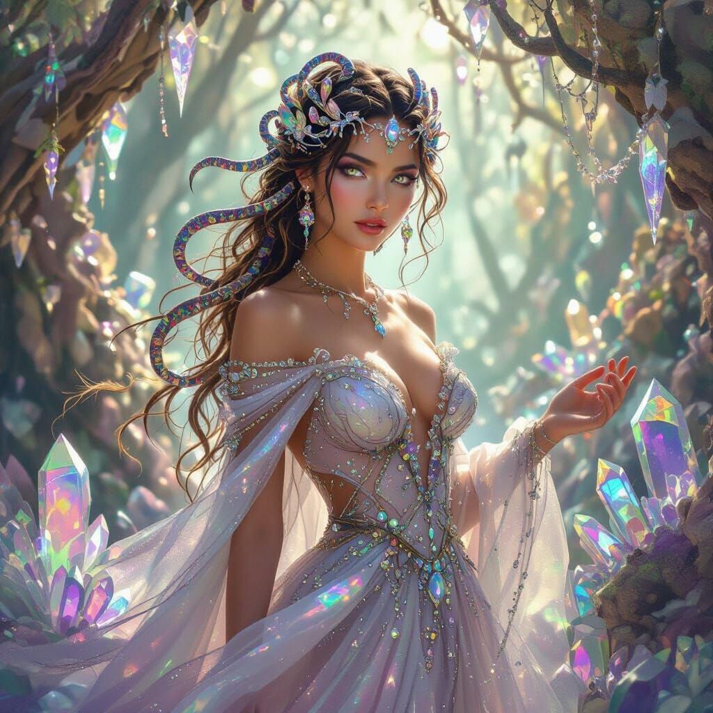 Opal-Eyed Medusa in Crystal Forest, Ethereal Art