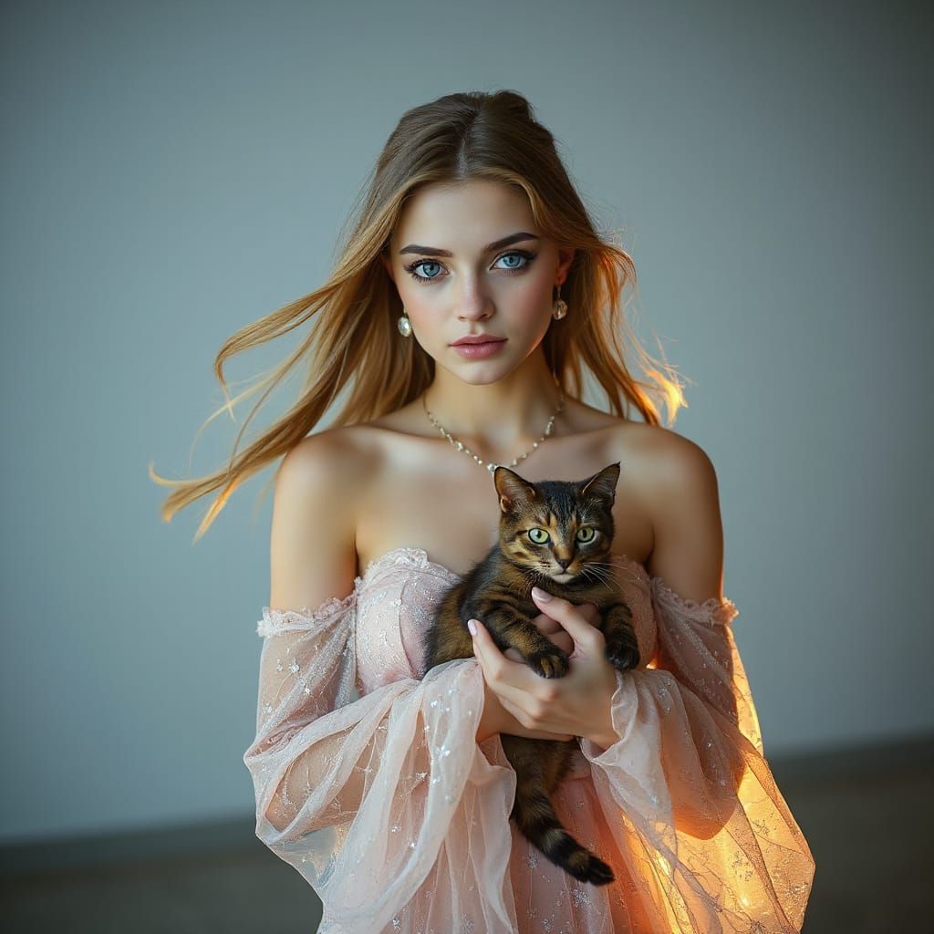 Woman with Cat in Hyperrealistic Jewel Tones