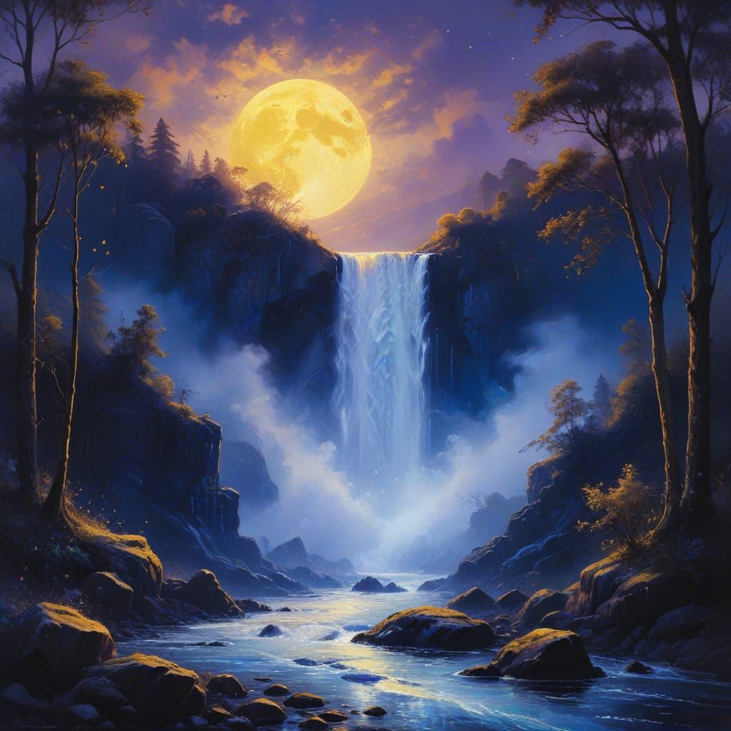 Glowing Moonlit Waterfall in a Dark Grunge Landscape