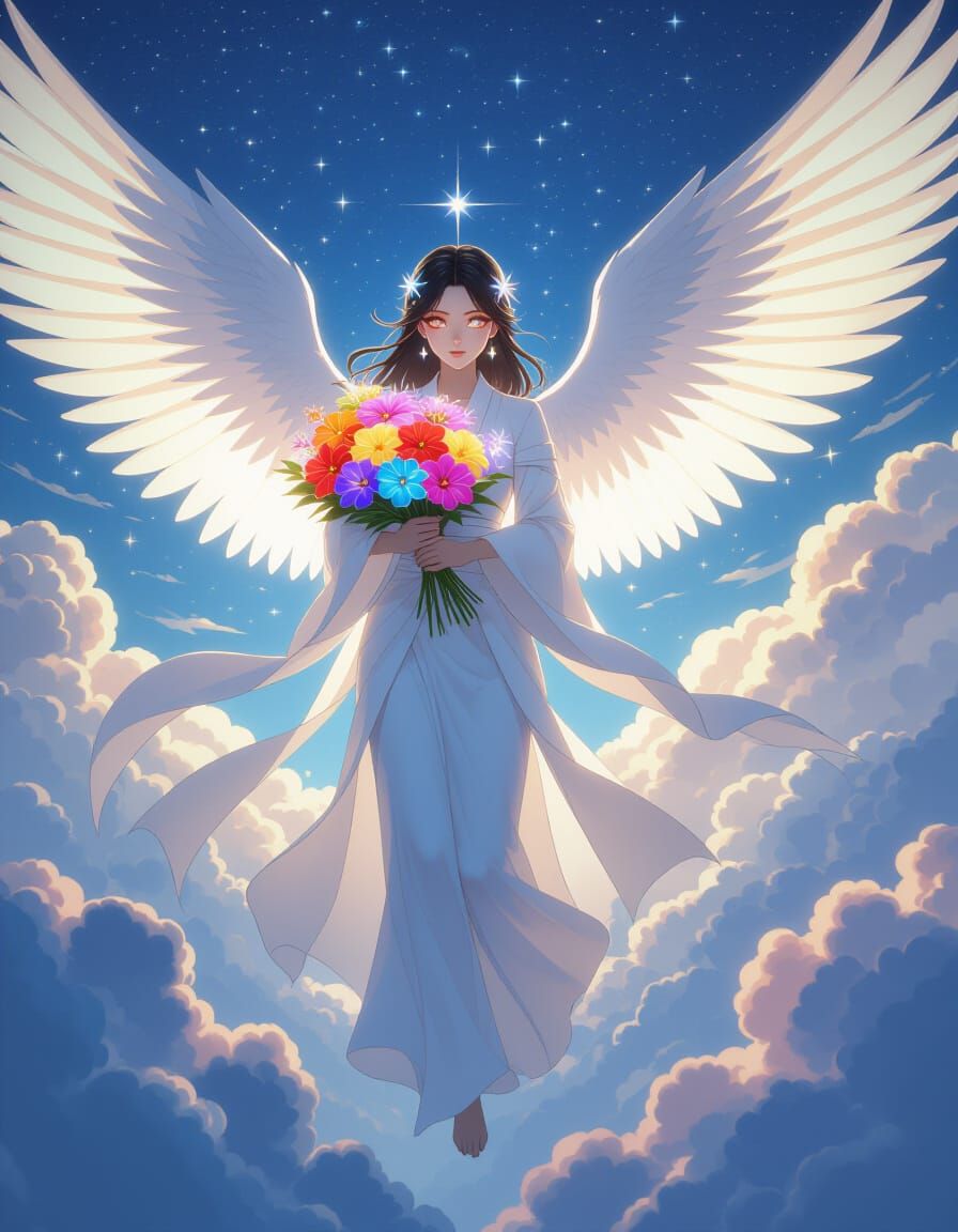 Celestial Anime Angel Descends with Crystal Hibiscus