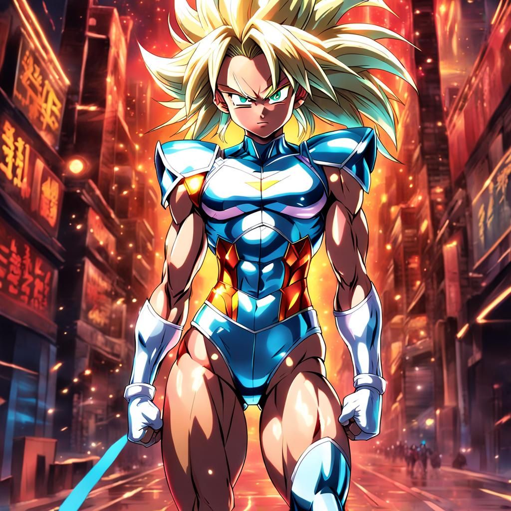 Super Saiyan Woman Bodybuilder in 80s Anime Style