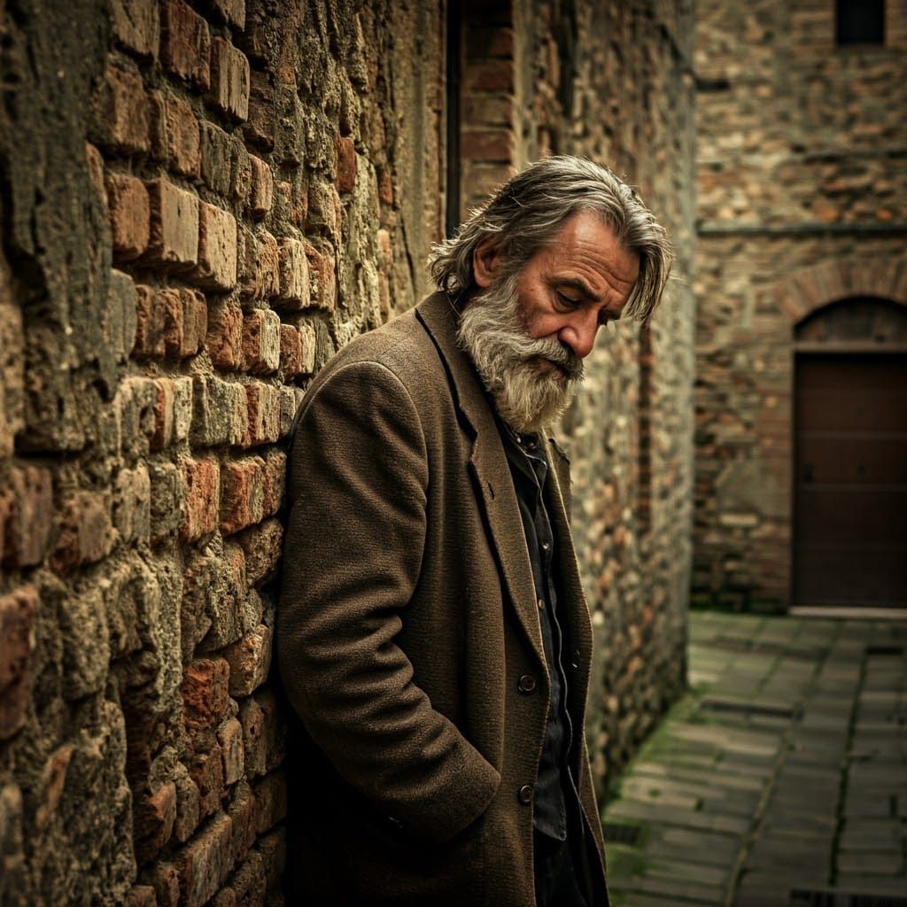 Melancholy Old Man in Italian Alleyway