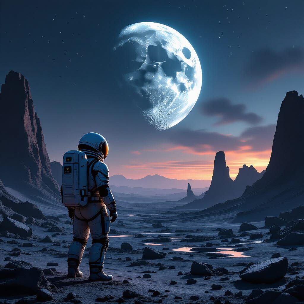 Astronaut Gazes at Shattered Moon on Alien World