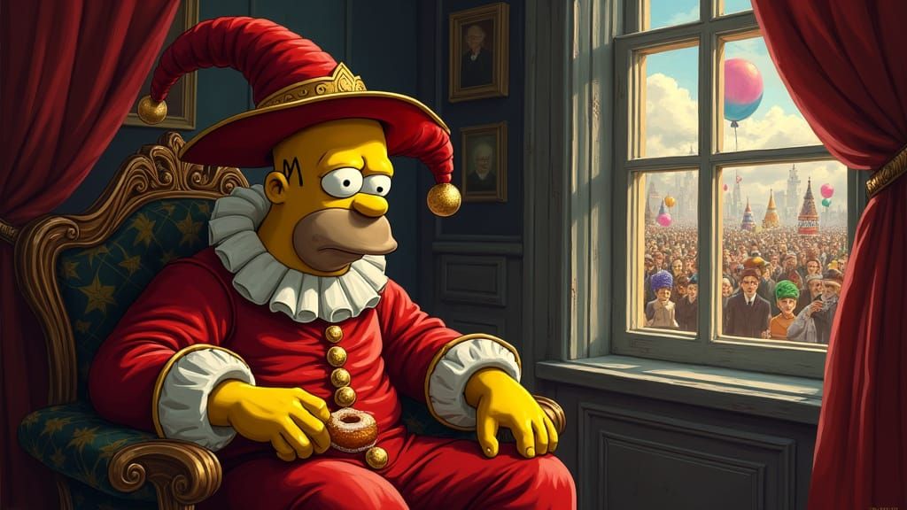 Surreal Jester Homer Simpson Contemplates Folly in Richly Or...