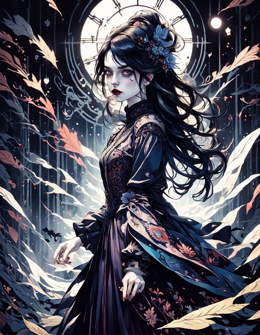 Victorian Vampire Woman in Dark, Mystical Wonderland