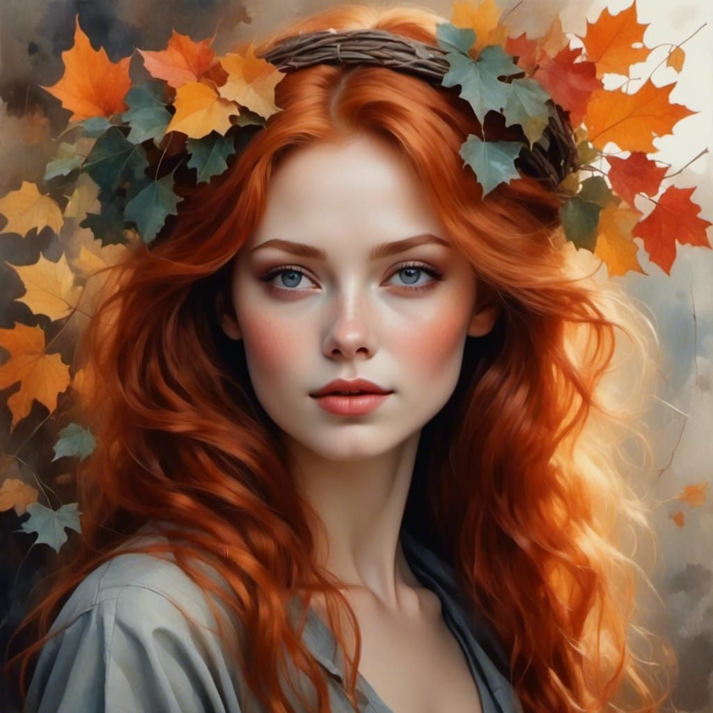 Autumn Goddess with Ginger Hair, as Watercolor Portrait