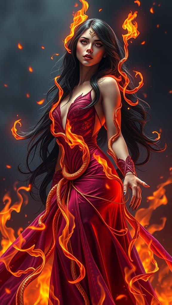 Mystical Sorceress Enveloped by Infernal Flames