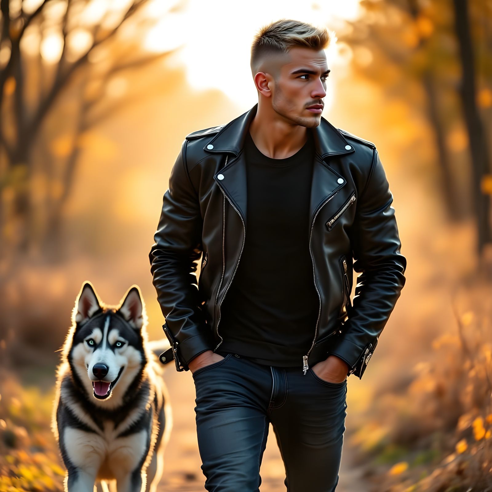 Mature Man Walks Companion Dog in Sunny Landscape