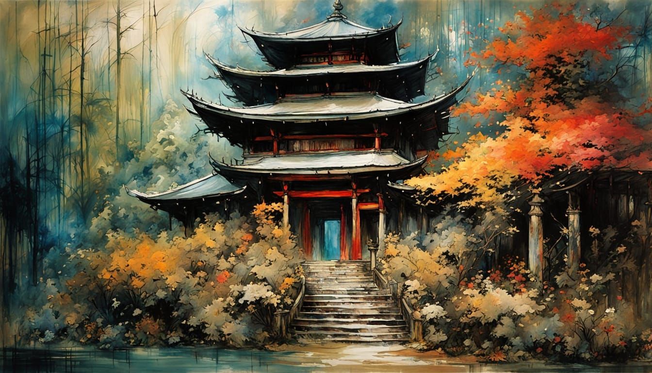 Hidden Japanese Temple as Impasto Painting