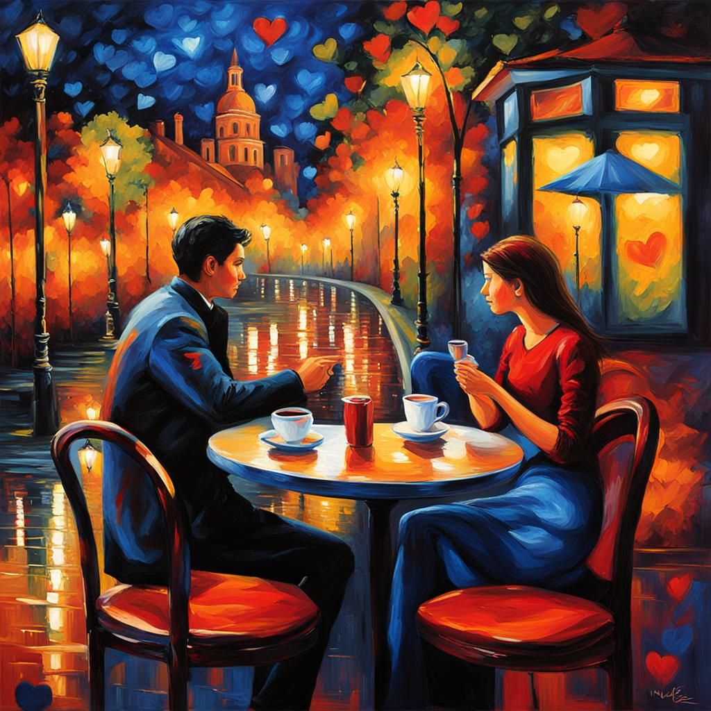 Romantic Cafe Scene in Expressionist Oil Painting
