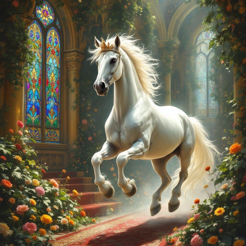 Ethereal Arabian Stallion Gallops Through Baroque Throne Roo...
