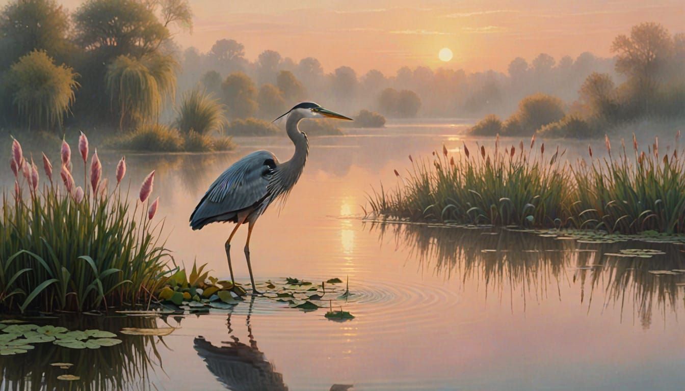 Heron in Misty English Lake at Dawn as Impressionist Paintin...