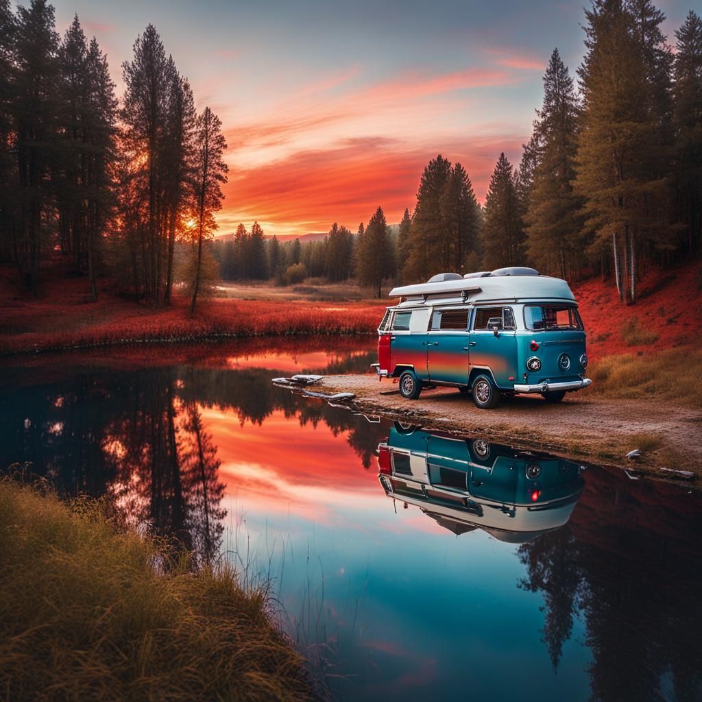 Panoramic view aerial drone shot-style images of a camper va...