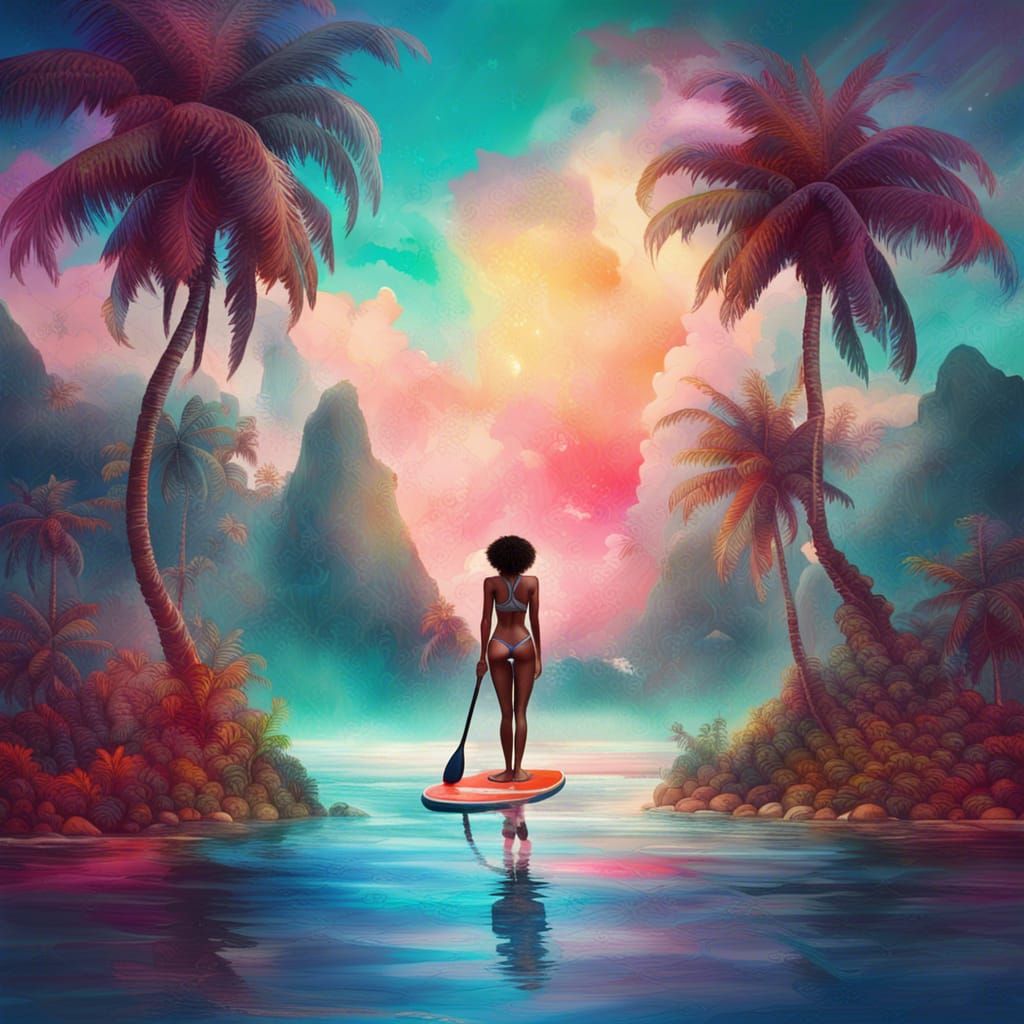 Caribbean Paddleboarder in Surreal Cyberpunk Landscape