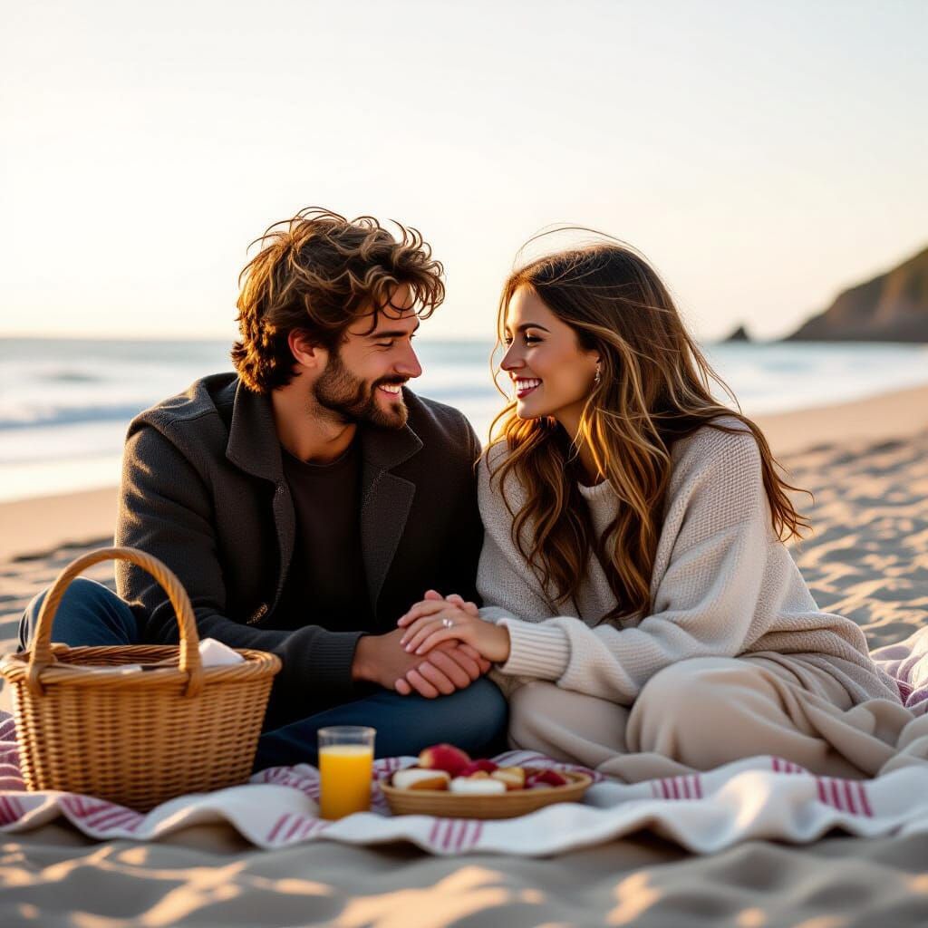 Loving Couple Cuddles on Beach Picnic