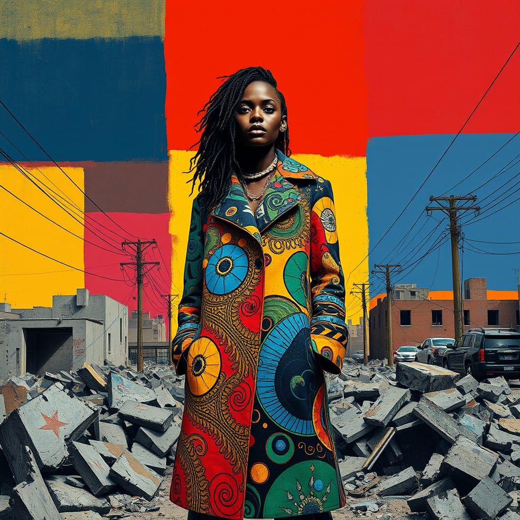 Vibrant Contemporary Woman in Urban Decay, Blending Basquiat...