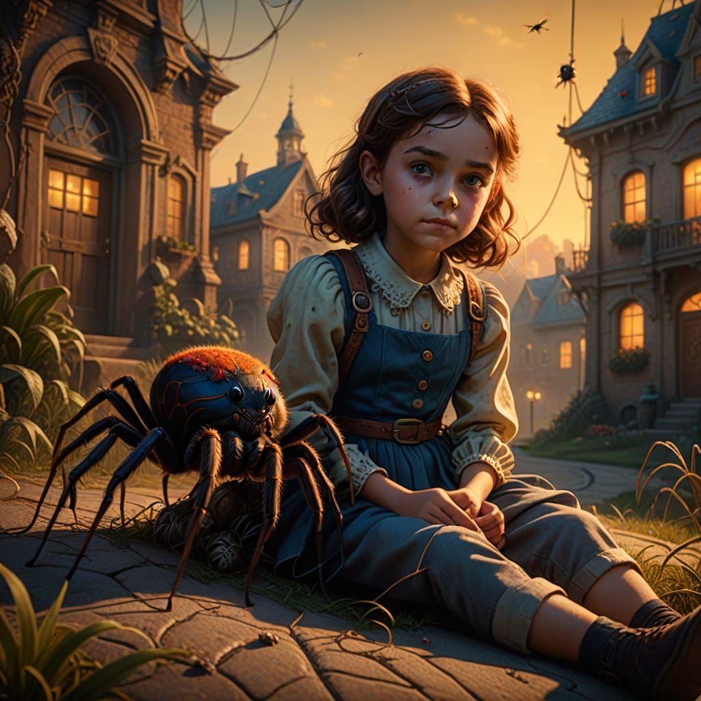Little Miss Muffet with Giant Pet Spider
