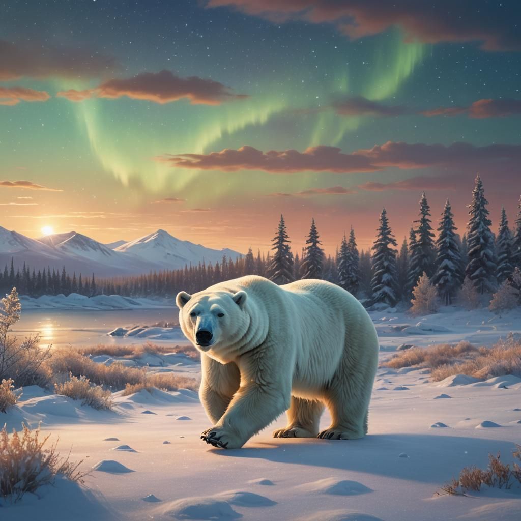 Polar Bear in Arctic Landscape with Aurora Borealis