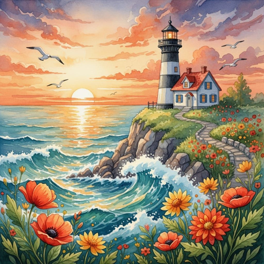 Vibrant Watercolor Lighthouse at Sunset Over Turbulent Ocean