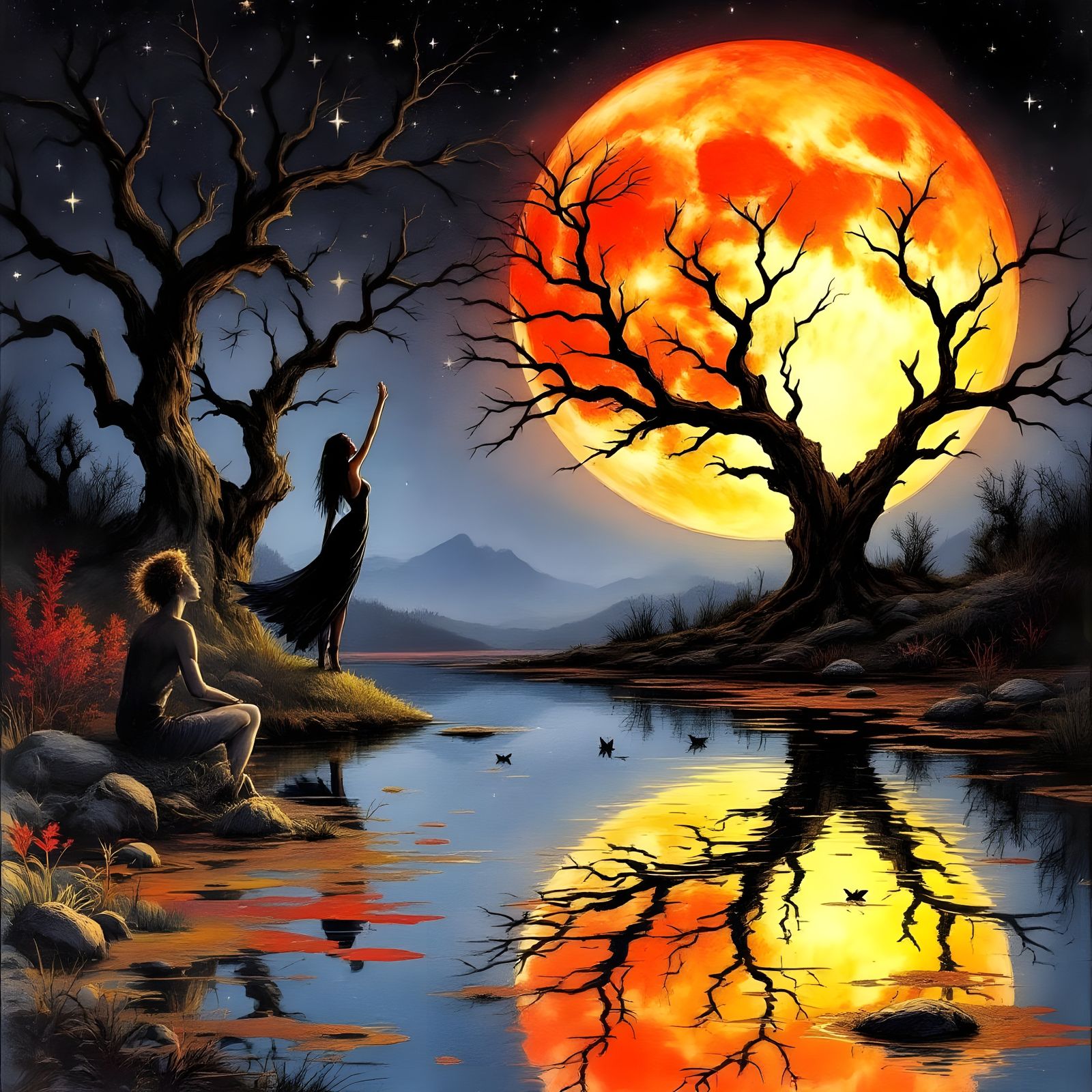 Blood Moon Reflection in Watercolor Style