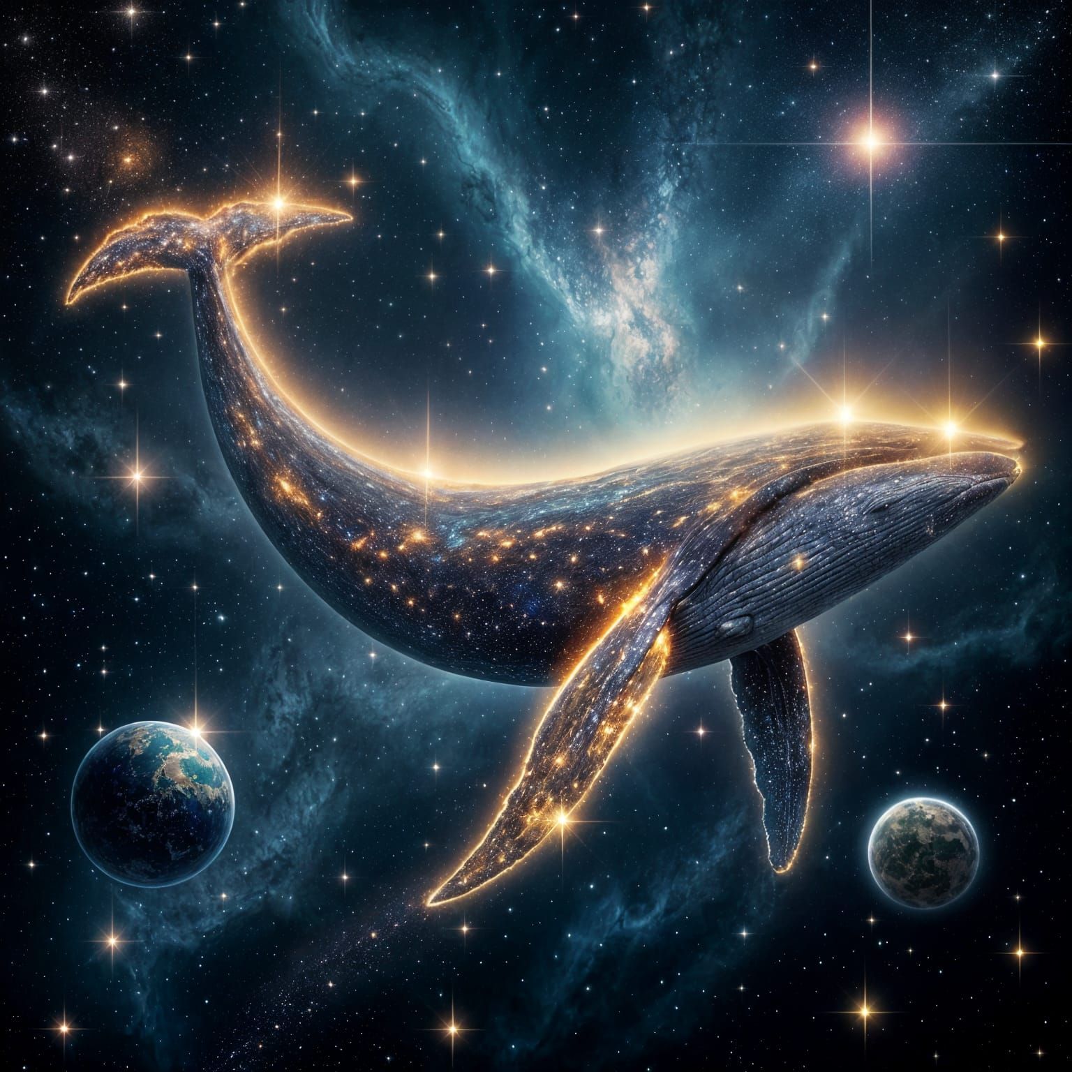 A majestic celestial whale swimming through a nebula.