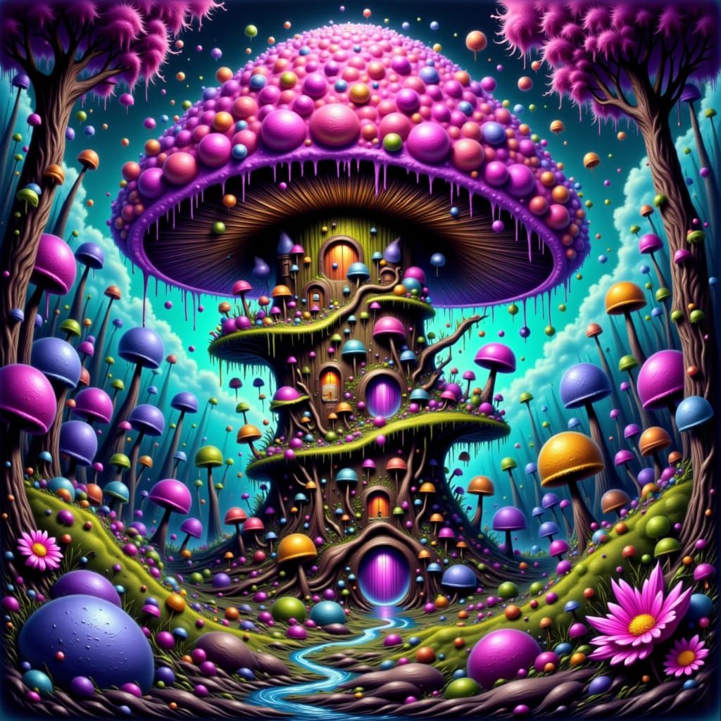 Whimsical Treehouse on Alien Mushroom, Comic Art Style