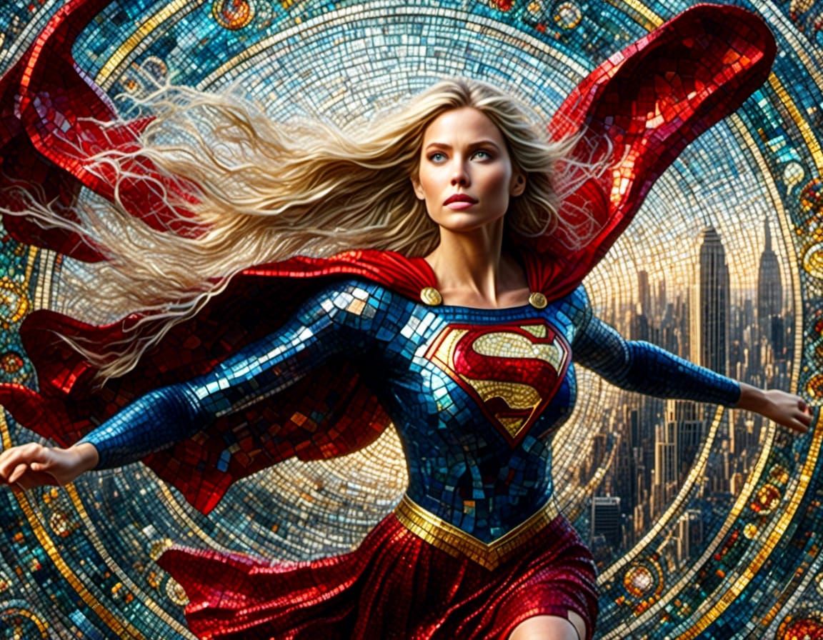 Stained Glass Mosaic of Supergirl Flying