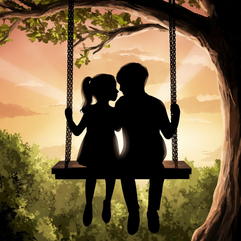 Boy and Girl Share a Tender Moment on a Sunset Swing