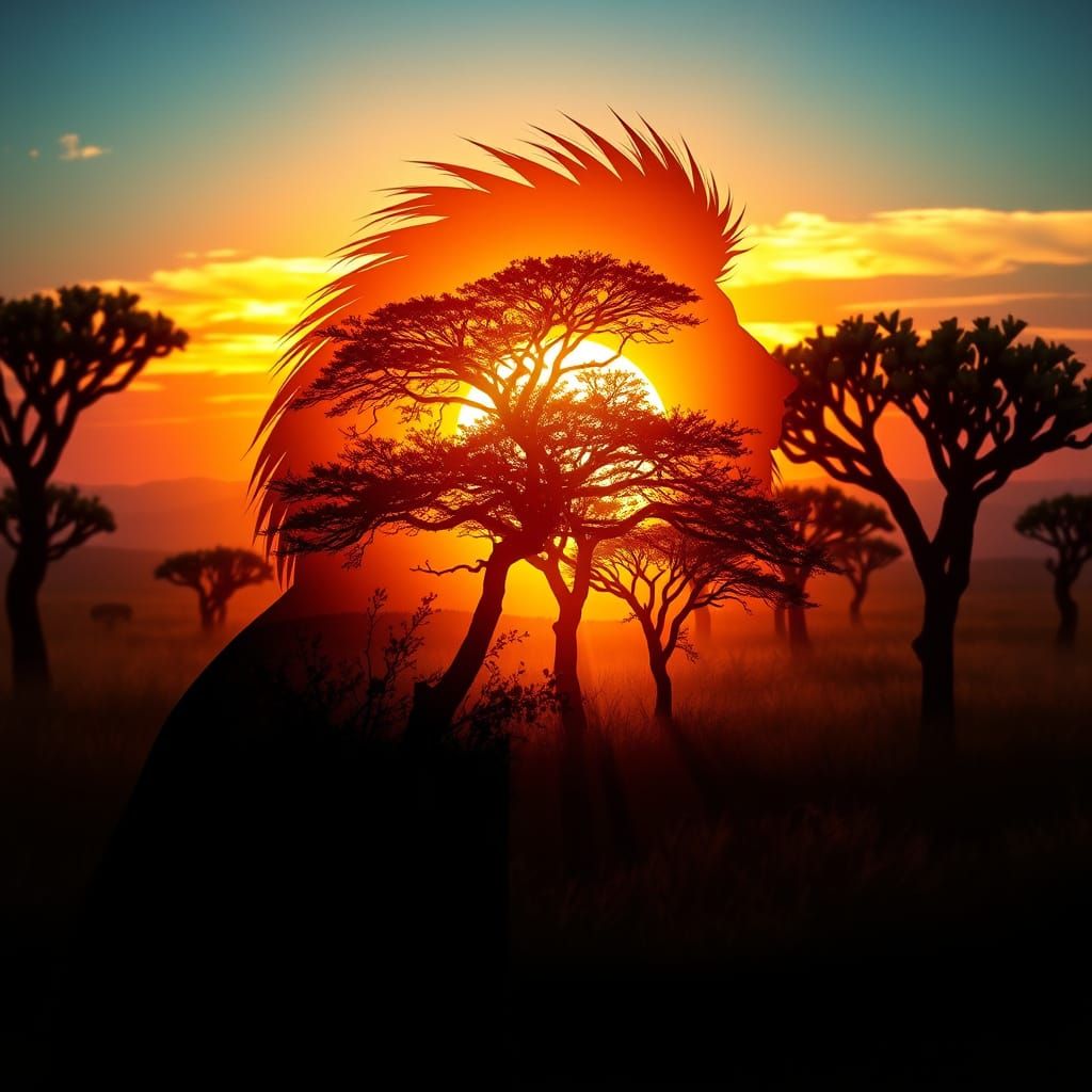 Lion Silhouette with Savannah Sunset, Ultra-Realistic Film G...