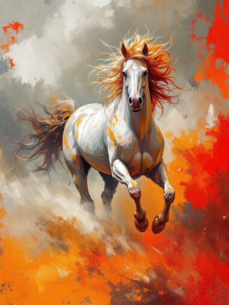 Fiery White Horse Charges Through Landscape