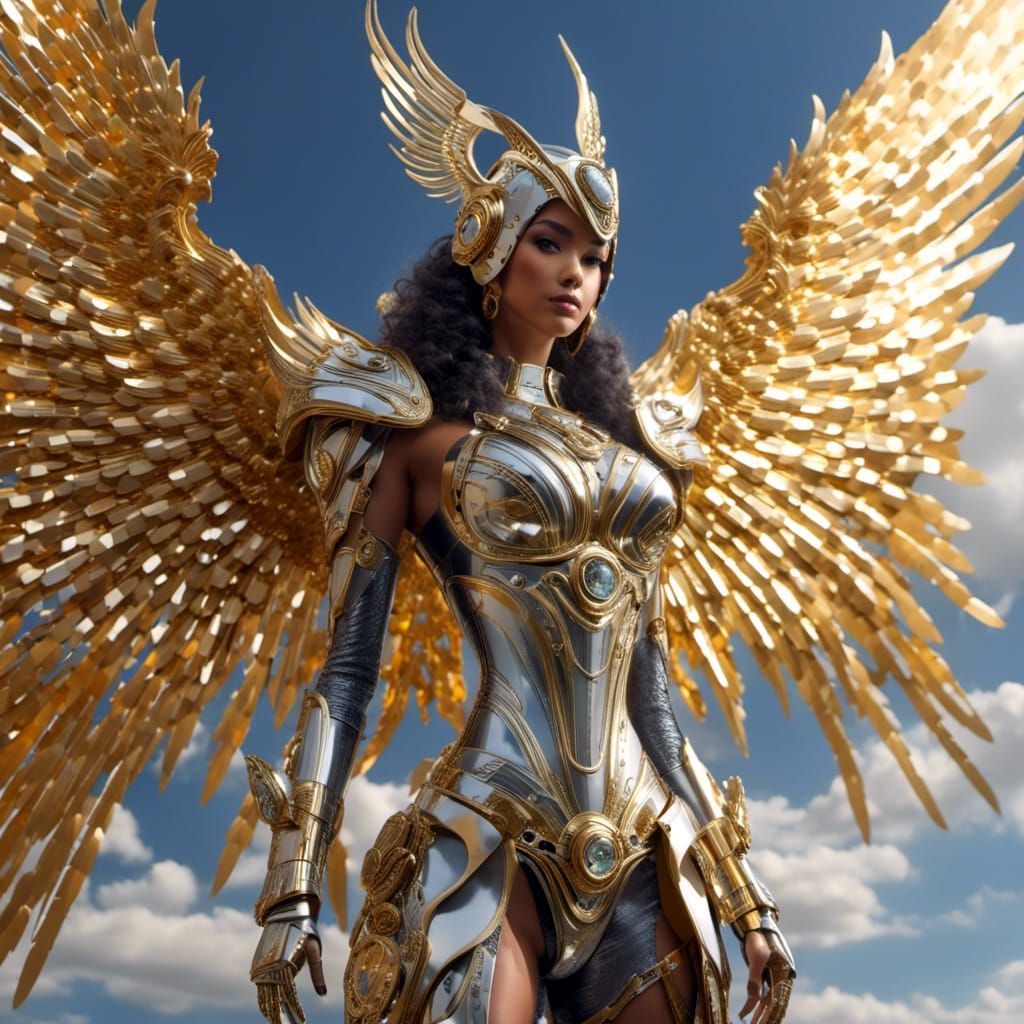 Cyborg Angel with Black Wings and White Mask