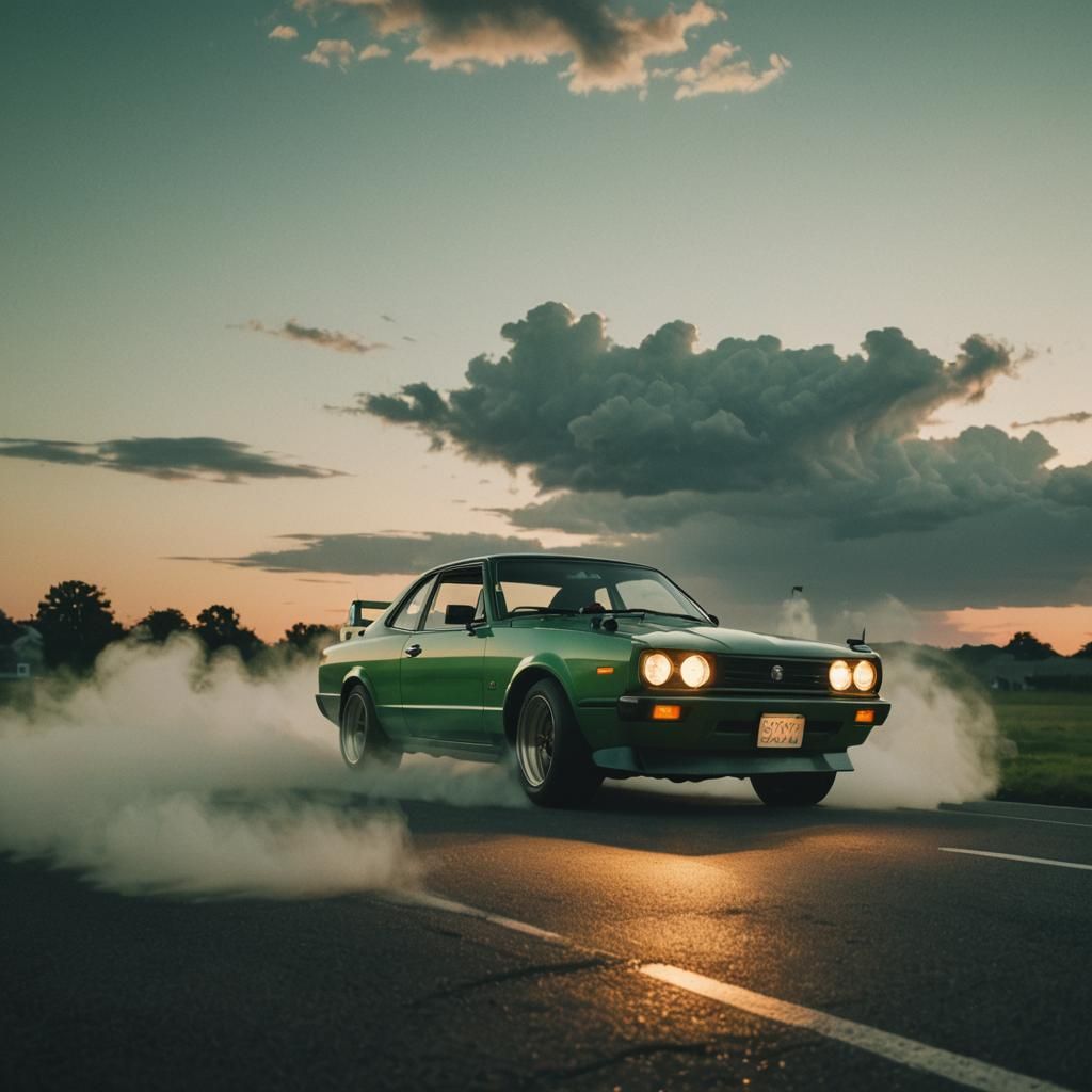 Green Nissan Skyline on a Cloud: Cinematic Film Still