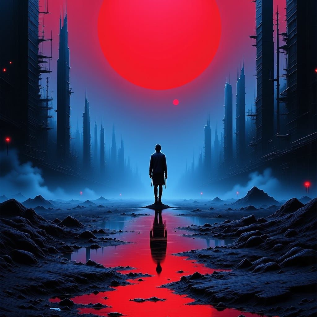 Neon Desolate Cityscape in Monochromatic Blues and Reds