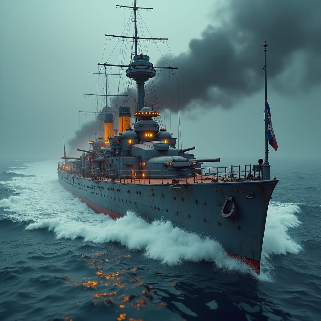 World War II Warship in Stormy Seas