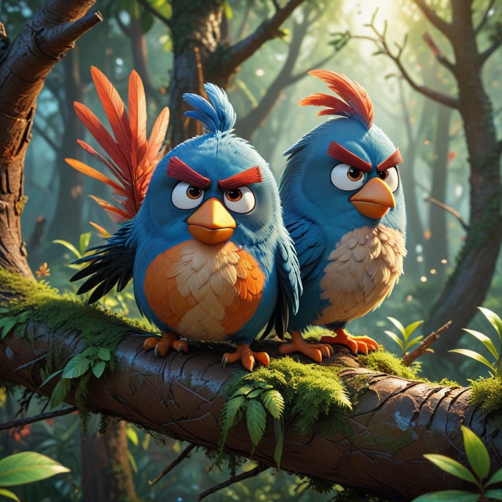 Vibrant Cartoon Birds Perched in a Forest