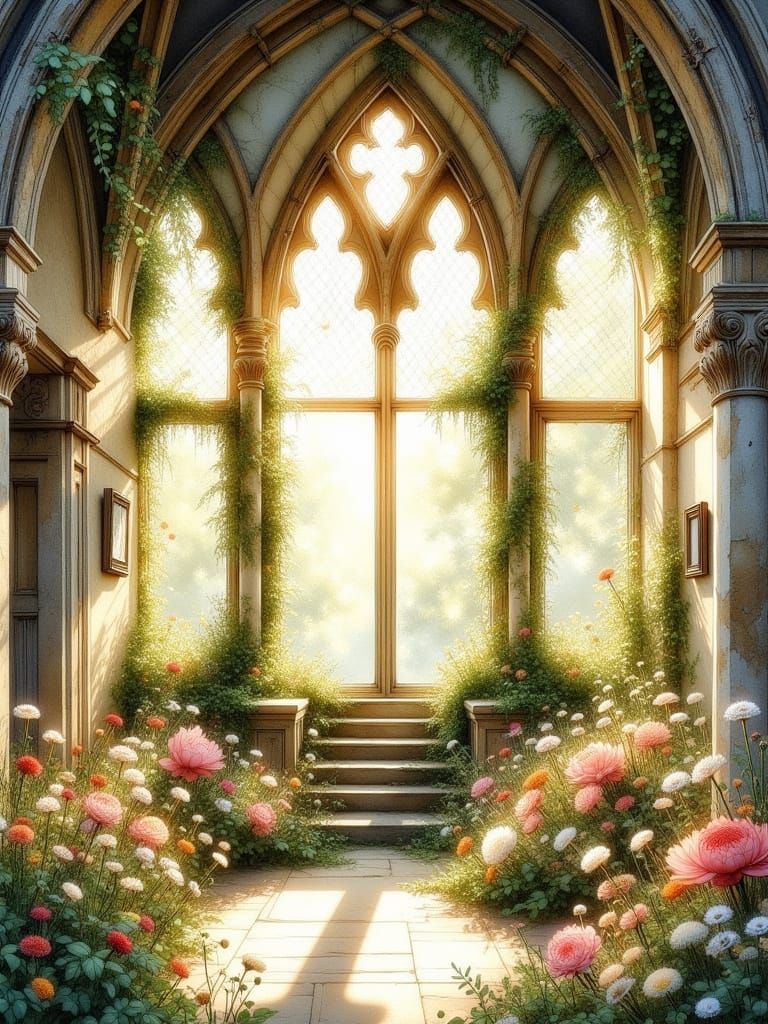 Dreamy Watercolor Castle Interior Overgrown with Flowers