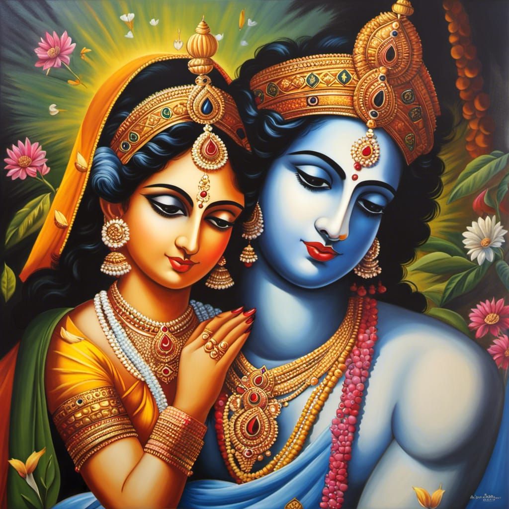 Radha Krishna Oil Painting in Traditional Style