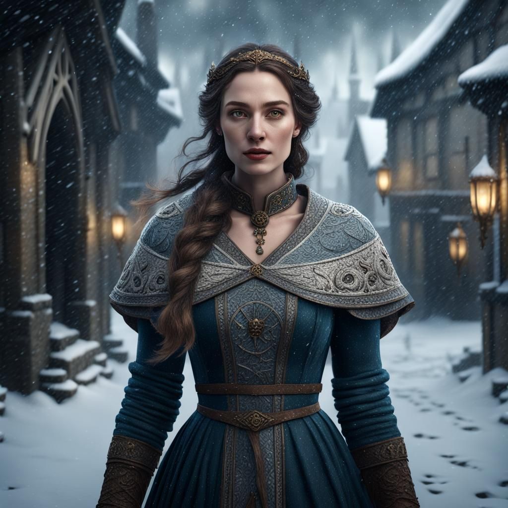 Medieval Woman in Winter Snowstorm: Fantasy Art