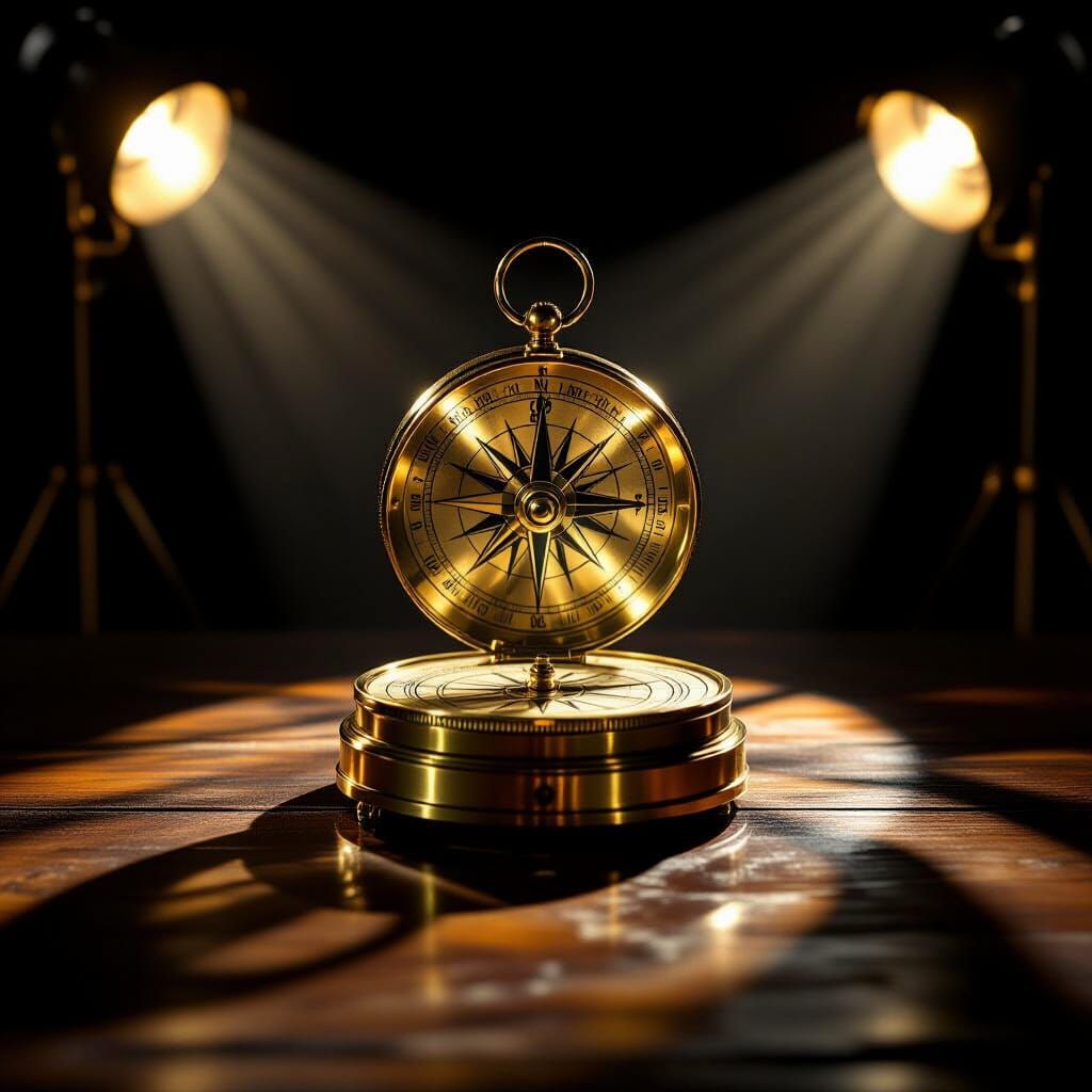 Antique Golden Compass Under Dramatic Spotlights
