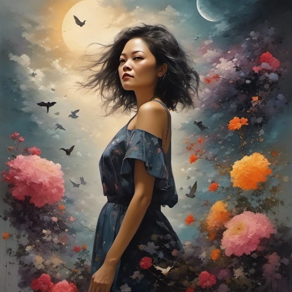 Dramatic Girl Portrait with Surreal Flowers, Dark Watercolor