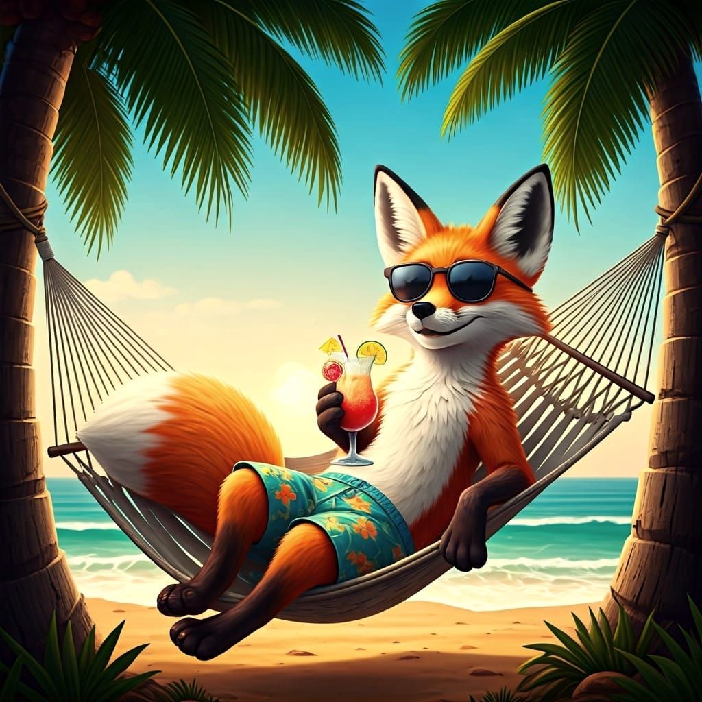 Cartoon Fox in Hammock with Cocktail
