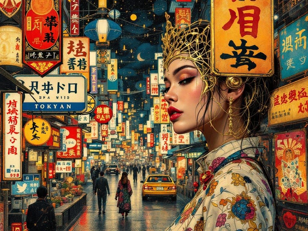 Medieval Futurism Queen Illuminated in Tokyo Neon